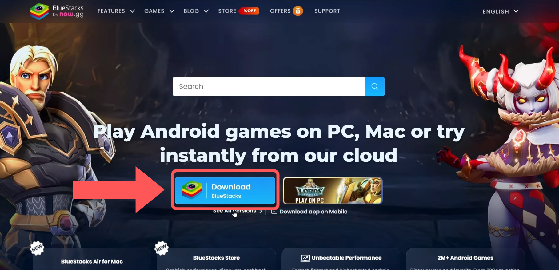 Free movies app installation for PC - BlueStacks download button